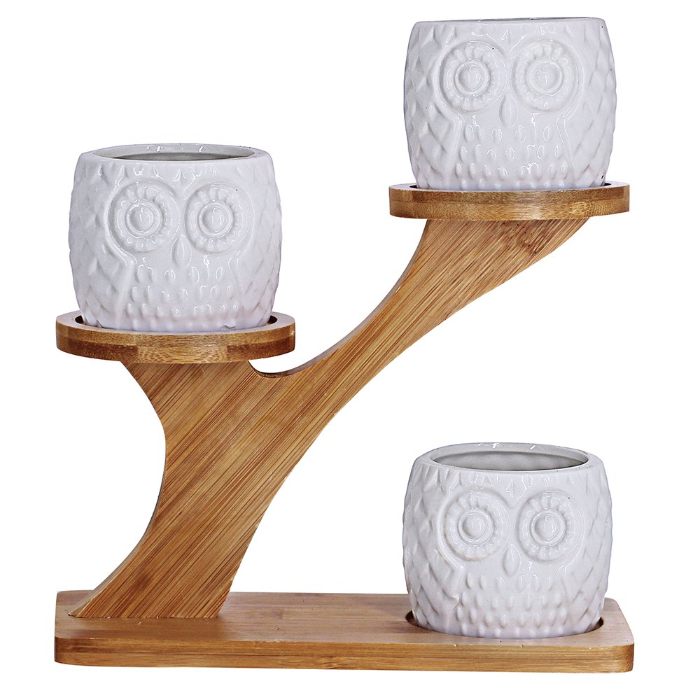 3pcs Owl Succulent Pots with 3 Tier Bamboo Saucers Stand Holder - White Modern Decorative Ceramic Flower Planter with Drainage - Home Office Desk Garden Mini Cactus Plant Pot Indoor Decoration