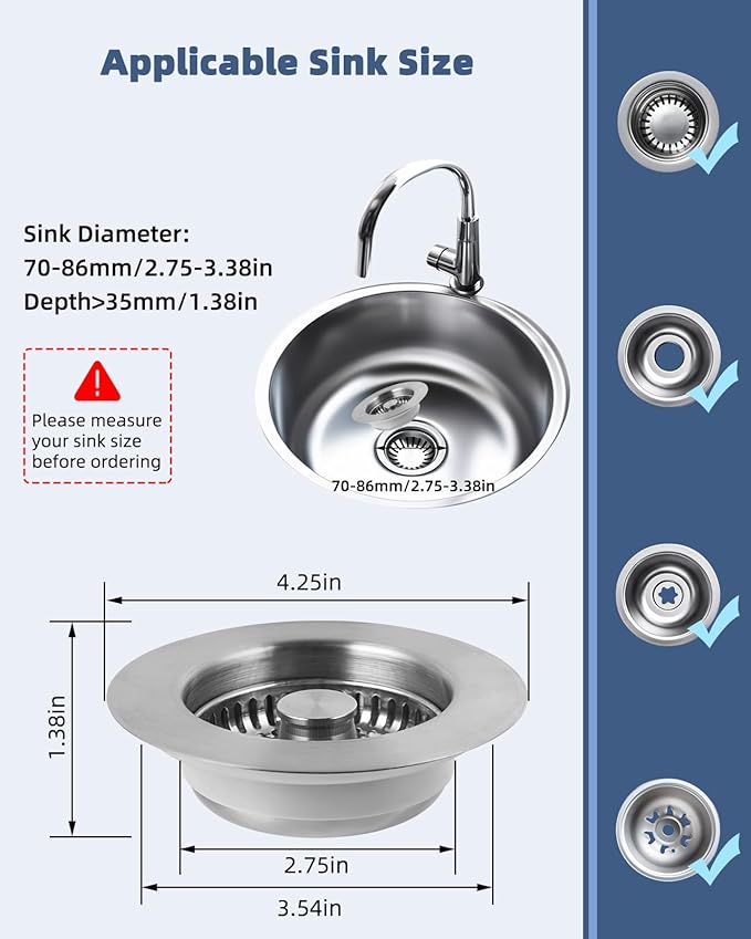 Hygie Rinse 3-in-1 Kitchen Sink Strainer Stopper Combo All Metal Stainless Pop