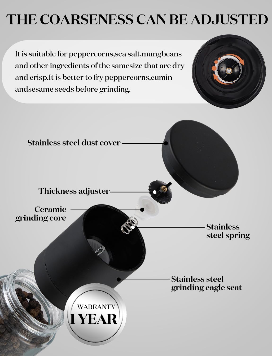 Salt and Pepper Grinder 2pcs Black Pepper Mill Refillable Manual Adjustable Coarseness Glass Material Fits in Home Kitchen Barbecue