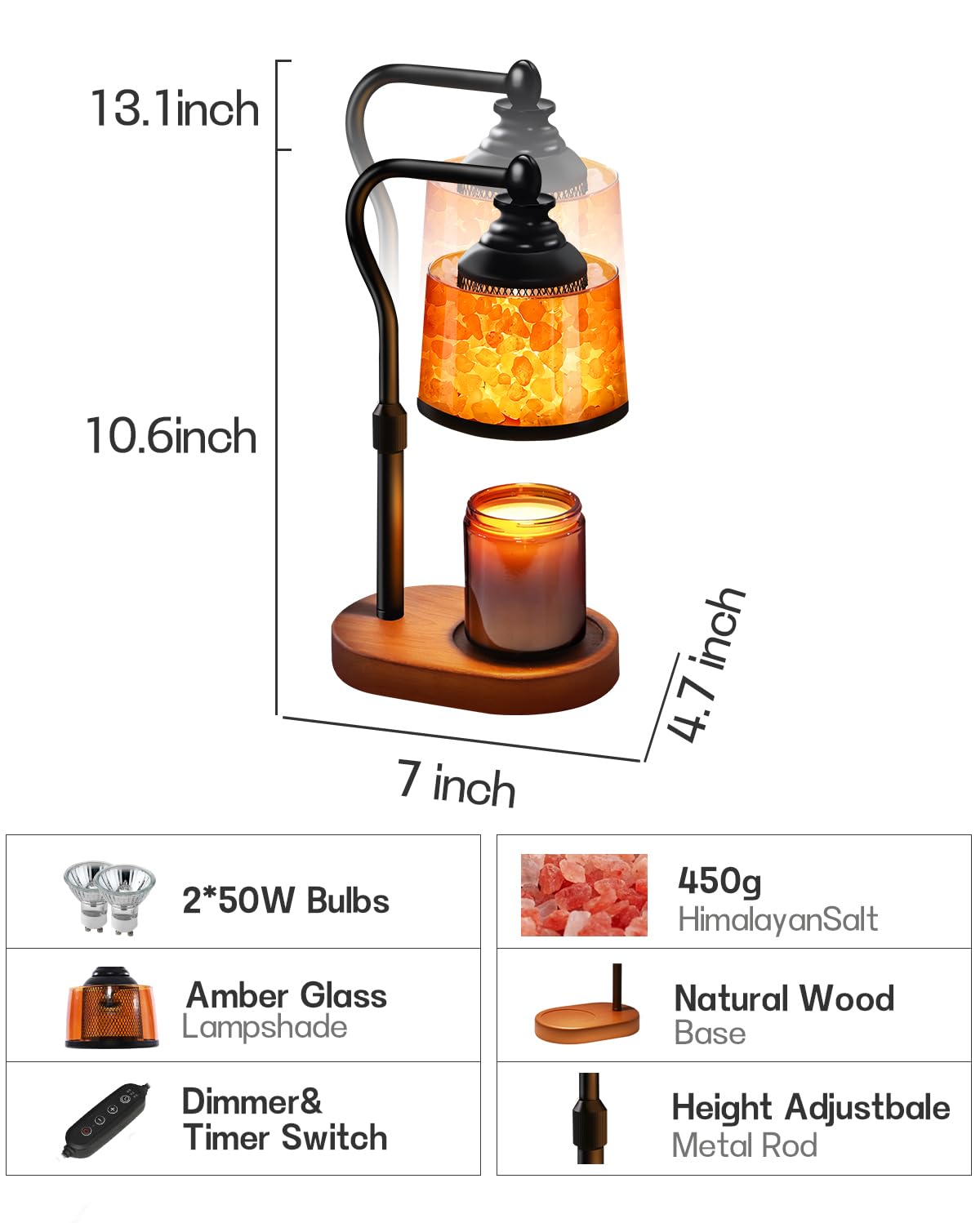 CaHomet 3-in-1 Candle Warmer Lamp with Timer Dimmable, Himalayan Salt Lamp & Passive Diffuser, Gifts for Women, House Warming Gifts, Wax Melt Warmer for Jar Candles (2 Bulbs)