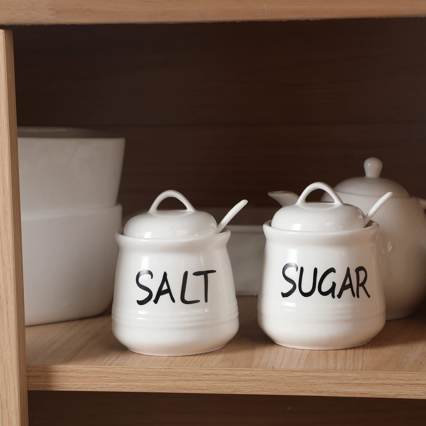 Salt and Sugar Bowls with Lid and Spoon -12 oz Ceramic Salt and Sugar Cellar Set, Salt and Sugar Containers, Spice Box for Counter, Farmhouse Kitchen Decor, White