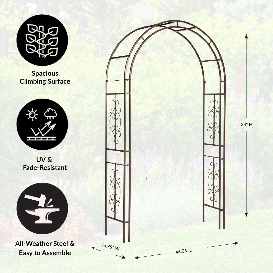 Plow & Hearth Arch Metal Outdoor Garden Arbor Montebello Gunmetal 7 Feet Tall, Steel Iron Trellis Lattice for Climbing Plants & Heavy Vines Wedding Arch Outdoor Patio Décor
