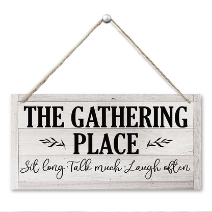 Rustic Farmhouse Hanging Wooden Signs, The Gathering Place Sign, Vintage Dining Room Wall Art, Sit Long, Talk Much, Laugh Often, Printed Wood Wall Art Sign, Retro Wall Plaques, 11.8 * 5.9 in