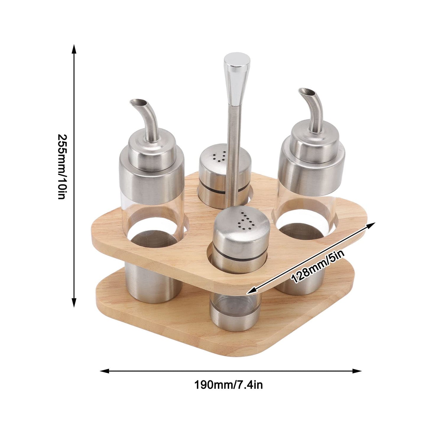 4-Pack Stainless Steel Kitchen Dispenser Set with Wooden Holder - Precision Olive Oil, Vinegar, Salt & Pepper Bottles for Home & Restaurants