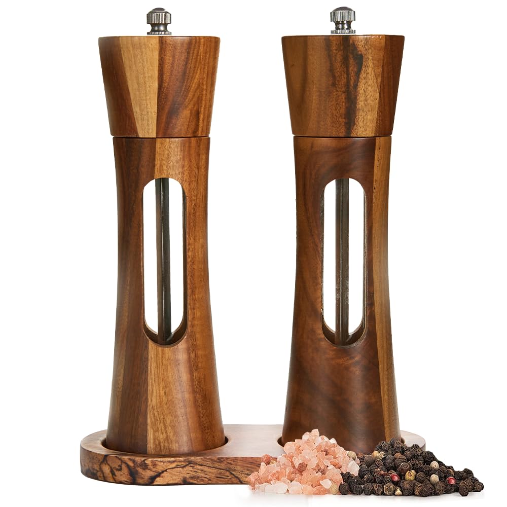 Wooden Salt and Pepper Grinder Set with Tray, 8 Inch Manual Salt & Pepper Shakers with Adjustable Coarseness, Salt and Pepper Mills