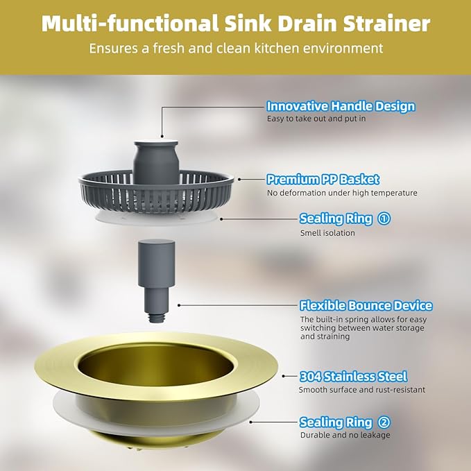 Hibbent Upgraded 3 in 1 Kitchen Sink Drain Strainer and Stopper Combo,