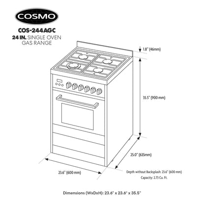 COSMO COS-244AGC 24 in. Nebula Collection 2.7 cu. ft. Gas Range, 4 Burners, Rapid Convection Oven, Cast Iron Grates in Stainless Steel