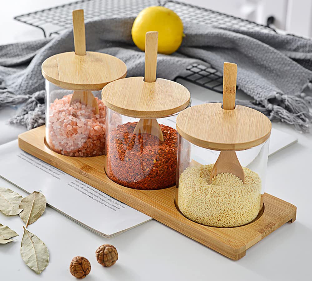 Lawei Set of 3 Condiment Jar with Lids and Spoons - Glass Sugar Bowls Sugar Salt Container Set for Sugar Serving Spice Salt