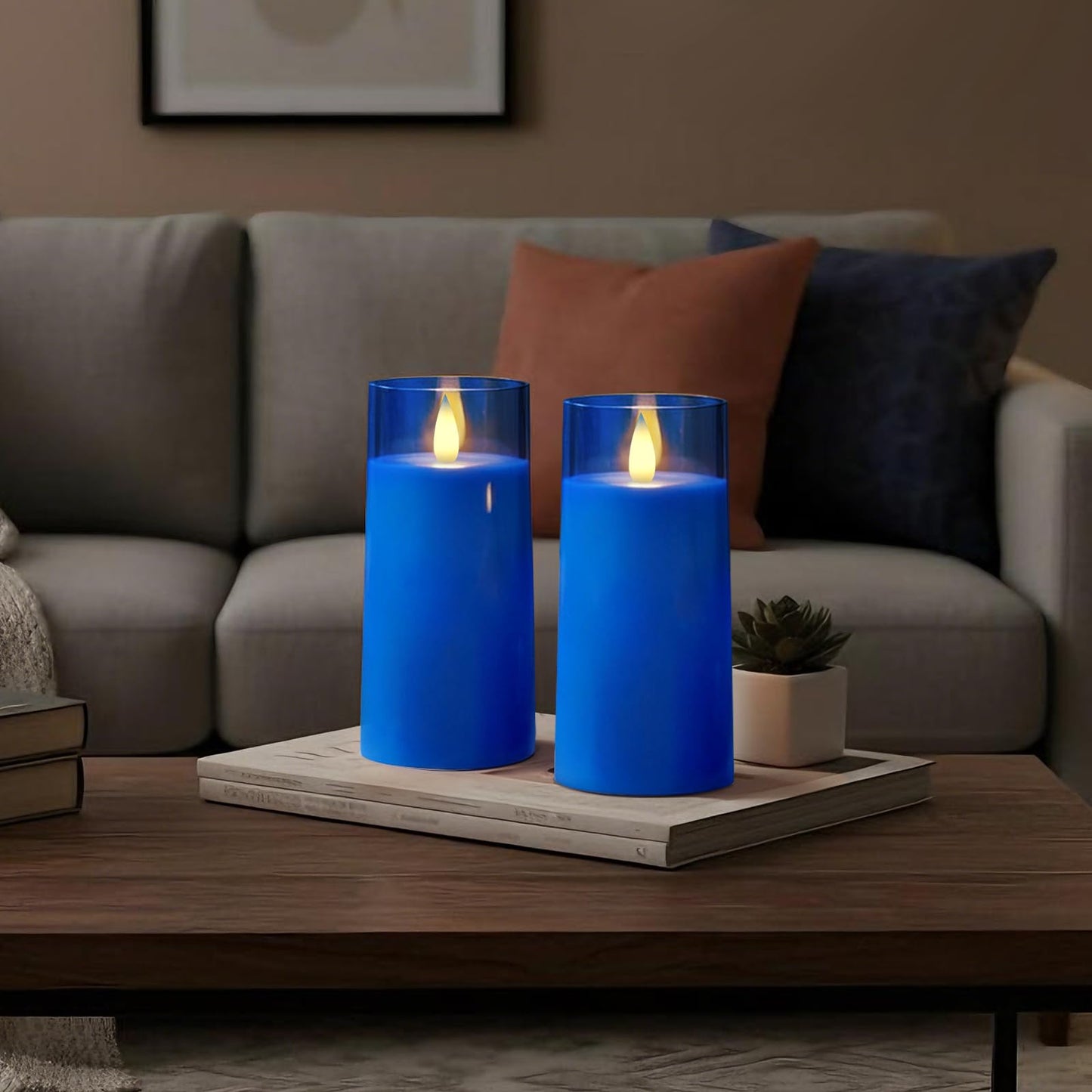 Raycare Flameless Electronic Pillar Candles with Remote Control and Timer- Battery Operated Realistic Flickering LED Fake Candle for Home, Wedding, Valentine's Day Decor,Blue,Set of 2(3"x6"6")