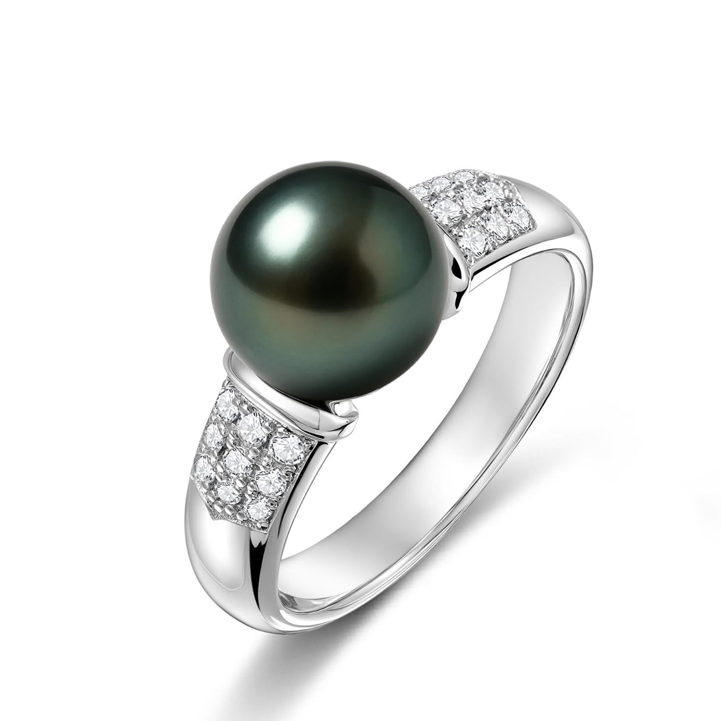 Genuine Tahitian Black Pearl Ring - AAAA 9-10mm Pearls with Sterling Silver Moissanite Engagement Stackable Rings, Christmas Gift for Wife Mom, Jewelry Gifts for Wedding Anniversary Birthday, Size 5