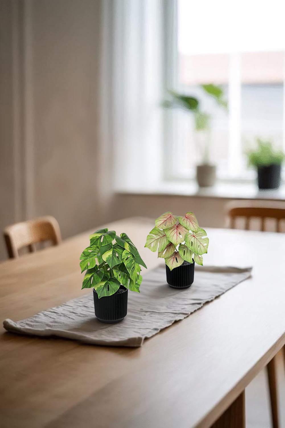 Oairse Small Artificial Monstera Potted Plant - 2 Pcs Faux Monstera Plants Mini Fake Greenery Deliciosa Plant Potted Fake Tropical Plants in Pot for Home Office Table Room Farmhouse Indoor Decoration