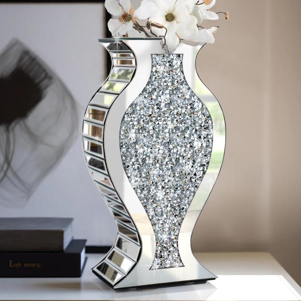 Crushed Diamond Mirrored Vase 15" S-Curve Silver Sparkle Decor Centerpiece