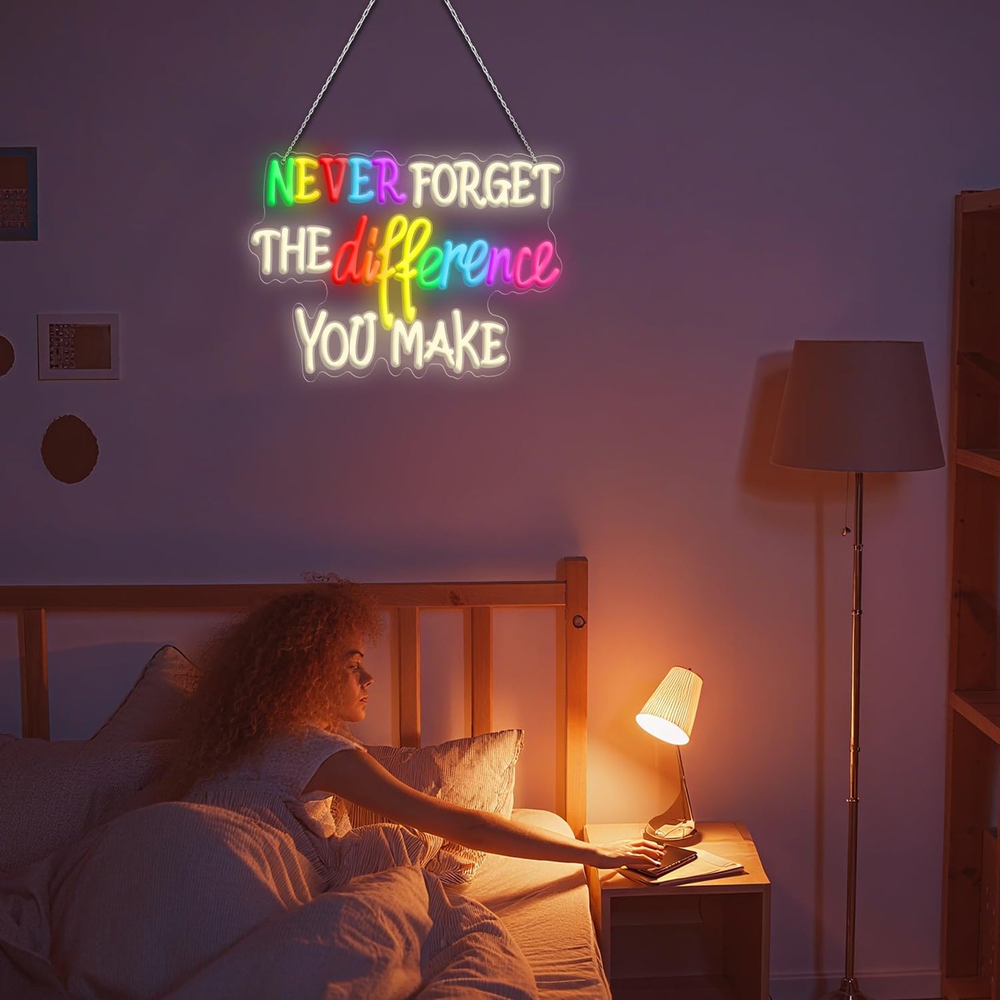 Never Forget The Difference You Make Neon Sign, Dimmable LED Neon Signs for Wall Decor, USB Powered Neon Light Sign Wall Art for Bedroom Christmas Party Classroom Decoration 16.14 x 11.81"