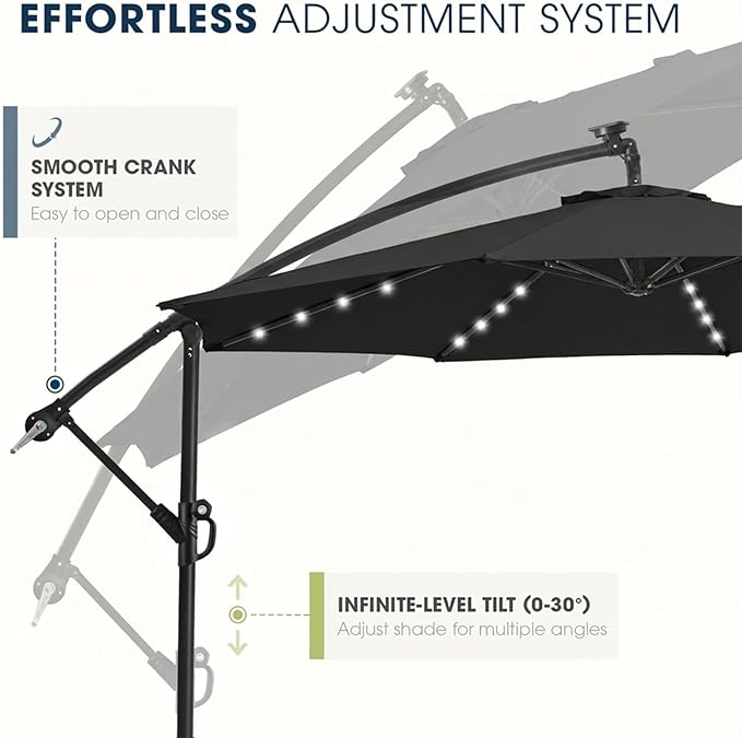 wikiwiki 10ft Solar LED Patio Umbrella with Base Included, Offset Umbrella with Weighted Sandbag Base, Cantilever Patio Umbrellas for Backyard, Garden & Deck, 32 LED Lights & Polyester Shade, Black