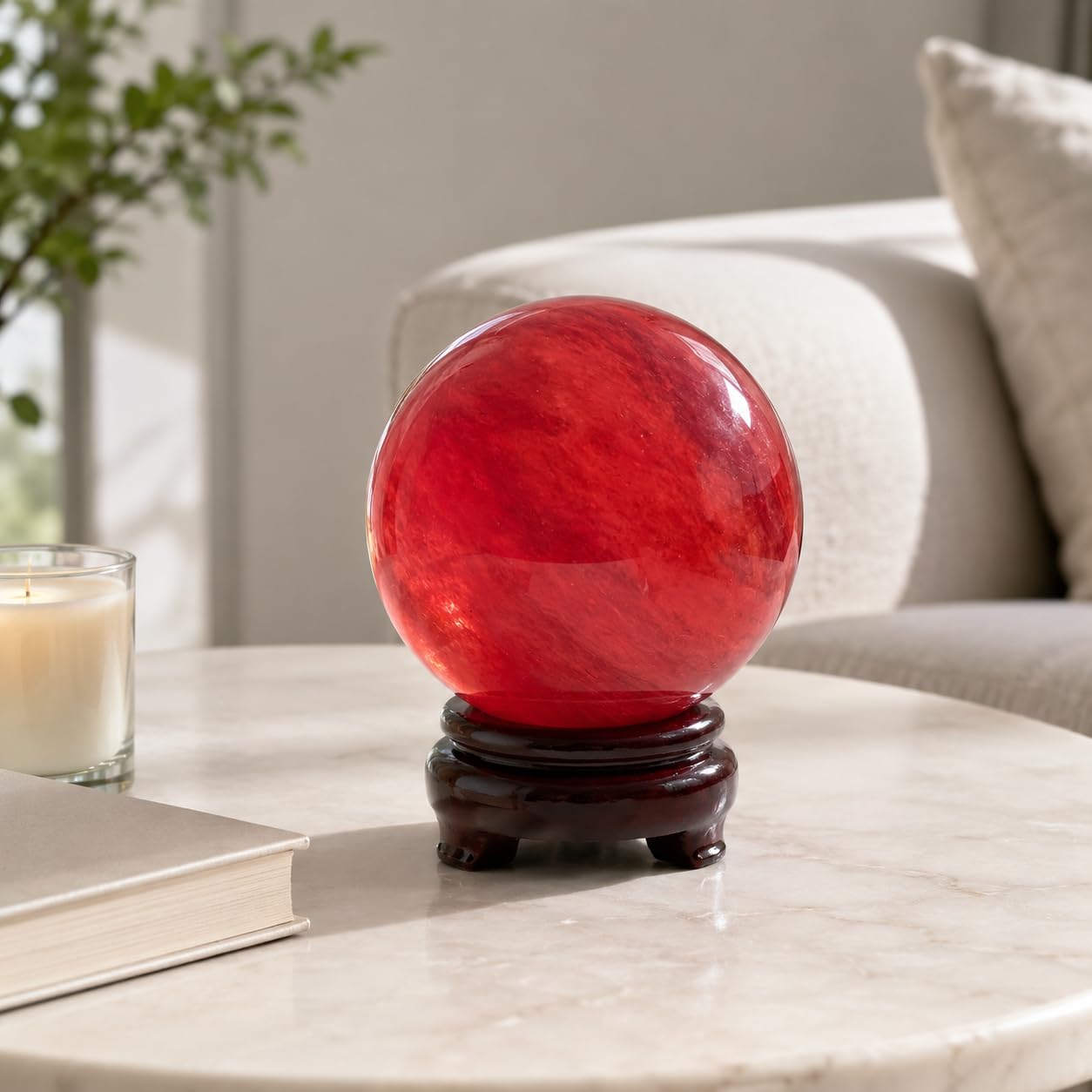 Lodkksg Red Crystal Ball(90mm-3.54 inches) with Display Stand—Natural Ruby Sphere for Decoration and Divination