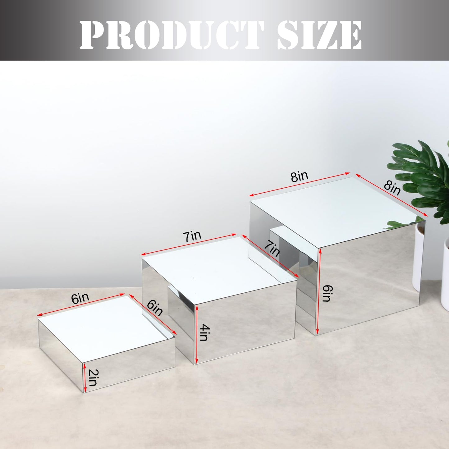 DIICCYO Glossy Silver Acrylic Boxes Dessert Collection Jewelry Perfume Display Stand Shelf, Hollow Bottom Cube Organizer Countertop Nesting Risers for Hangbag Shoe Home Boutique Retail Store, 3Pcs