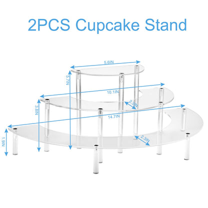 2PACKS Acrylic Display Risers, 3 Tier Clear Cupcake Stand Risers, Perfume Stand Organizer, Half Moon Dessert Stand, HENABLE Shelf Risers for Display Stands for Food, Amiibo Funko POP Figure (2half