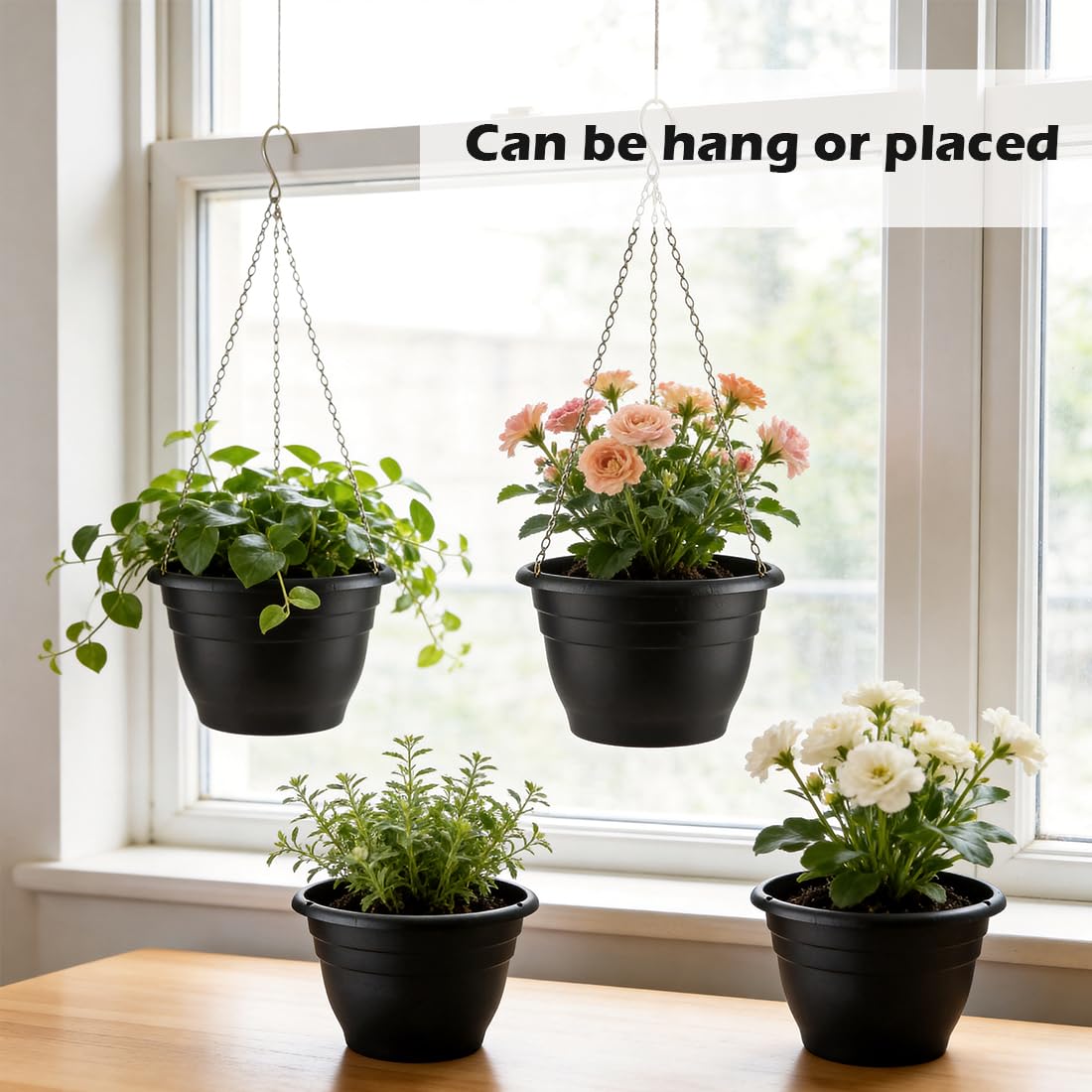 RooTrimmer Hanging Planters 11 Inch, 3 Pcs Flower Pots with Drainage Hole, Self Watering Hanging Basket for Indoor Outdoor Plants, Decor, Black