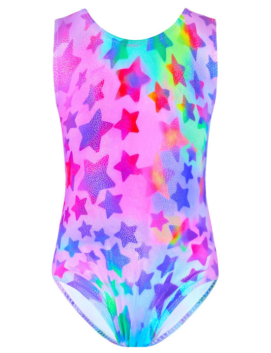 TENVDA Gymnastic Leotards for Girls 6-7 Years Old Sparkle Hot Pink Stars Print Kids Classic Tank Tumbling Outfit Bodysuit