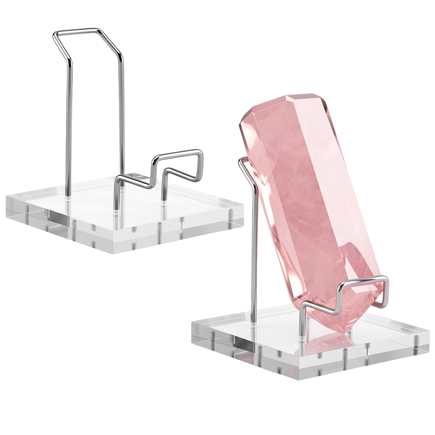 RattanView 2 Pcs Rock Display Stand Crystal Display Stand Clear Adjustable Metal Arms with Acrylic Base for Crystals Rocks Gemstones Mineral Stone Specimens Collectible, 2.5 x 2.5 x 3.2 Inches