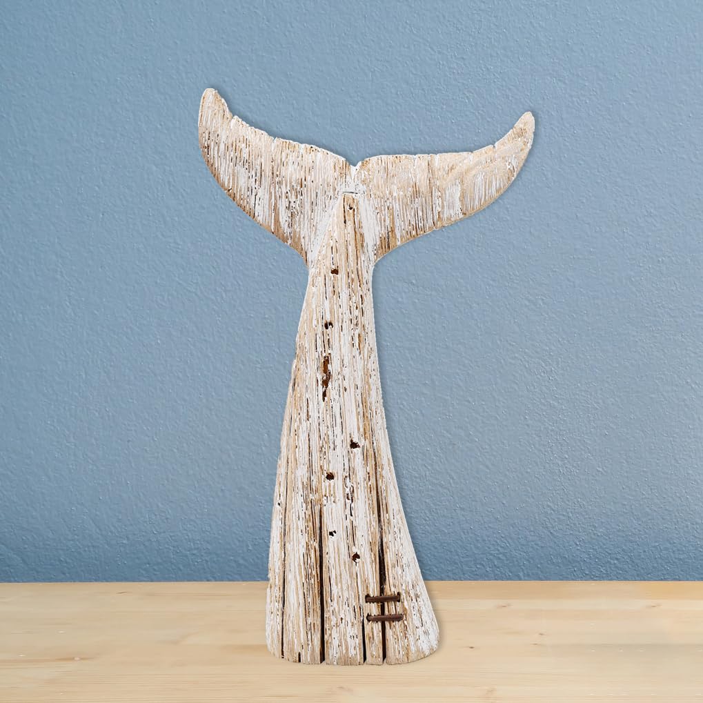 E-view Wood Whale Statue Wooden Nautical Decor for Home - Antique Fish Figures Decoration Animal Statues Beach Themed Wall Art (Whale Tail Figurine)