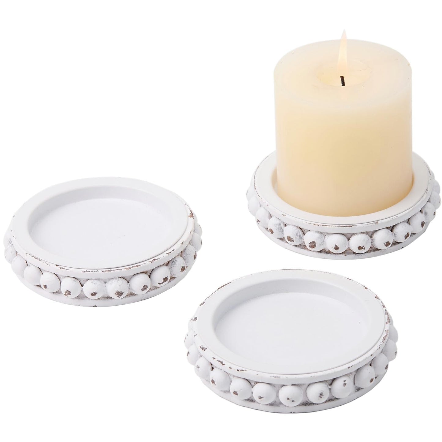 THORNIA Wooden Candle Holders for Pillar Candles, Set of 3 Wood Beaded Plate with Metal Cup Inserts, 4 Inch Rustic Farmhouse Tray Stand for Fireplace Mantel, Table Centerpiece Decor - White