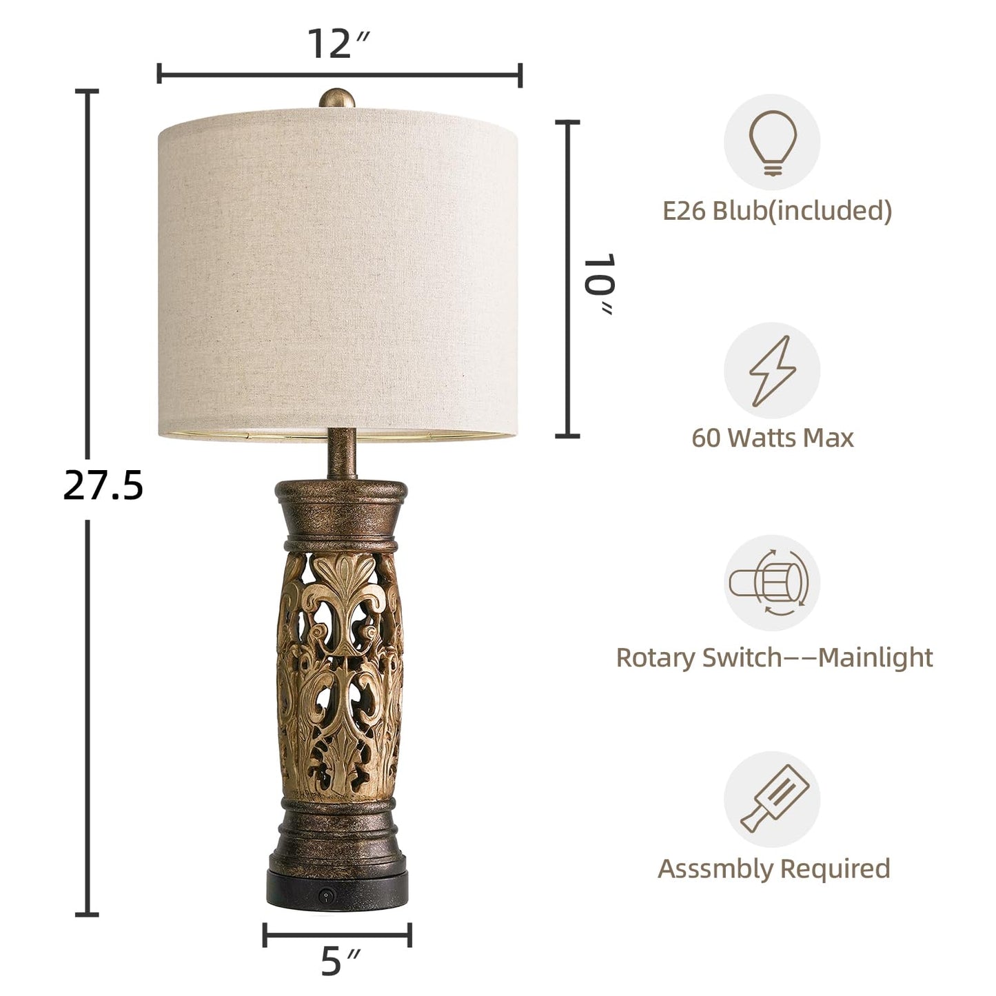 BOBOMOMO 27.25” Antique Gold Table Lamps Set of 2 – Farmhouse Bedside Lamps with Night Light & USB A+C Ports, Vintage Lamps for Bedroom, Living Room, Entryway, Nursery, Reading Nook(Bulbs Included