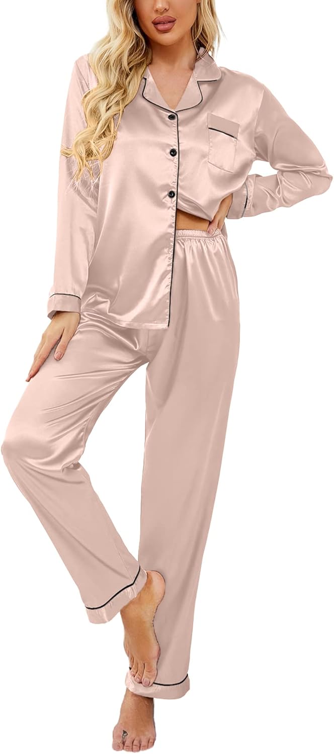 Ekouaer Women's Classic Button Down Long Satin Silk Pajama Set