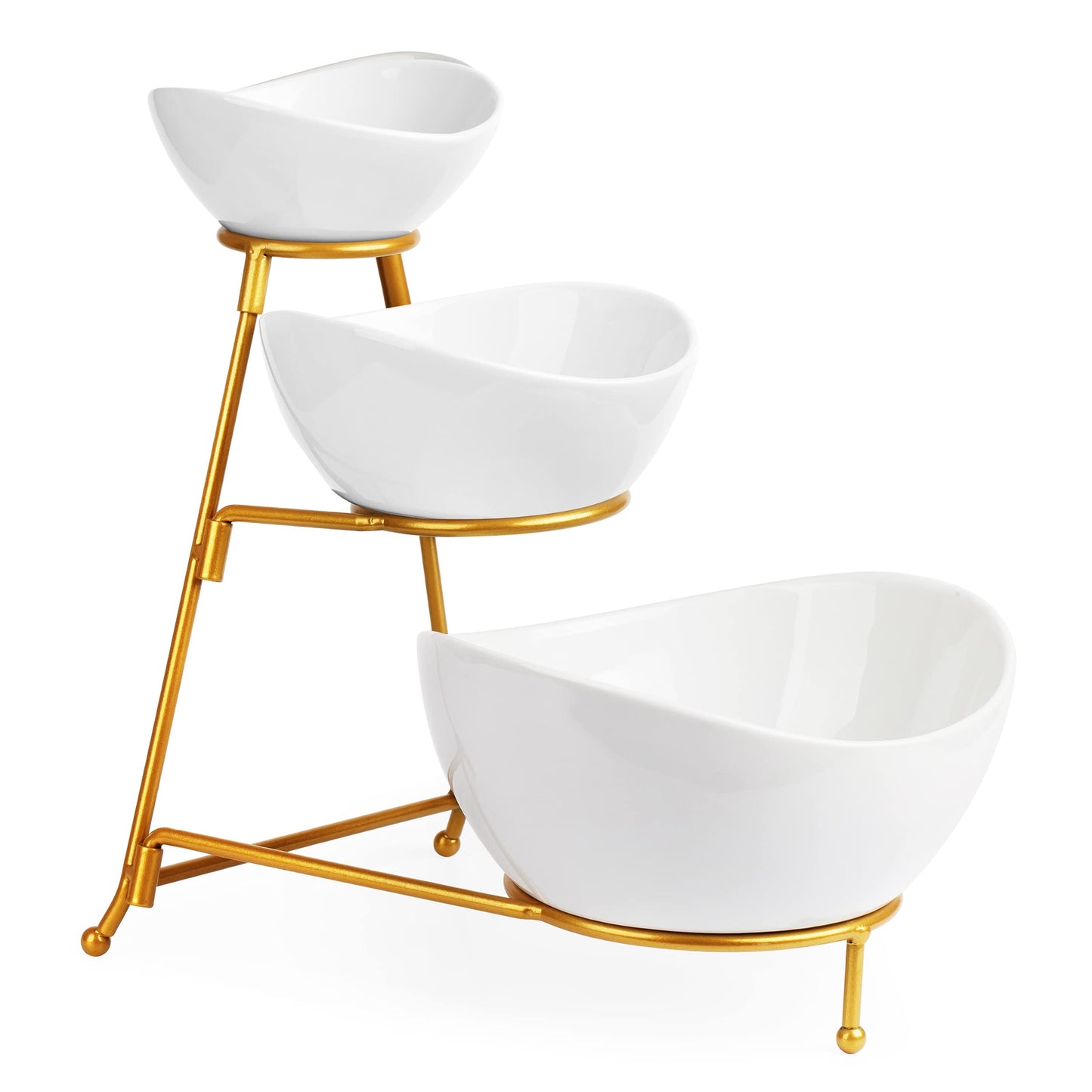 LAUCHUH 3 Tier Serving Stand Serving Dishes for Entertaining Porcelain Oval Bowl Set Tiered Serving Tray for Fruit, Vegetable, Nuts, Salad, Chip Dip Bowl Set for Father's Day, Gold