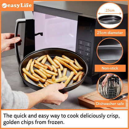 Easylife Microwave Chip Pan, 25cm Non-Stick Microwave Dish for Oven Chips, Omelettes, Bacon and Pizza, Microwave Cookware, Dishwasher Safe | Black