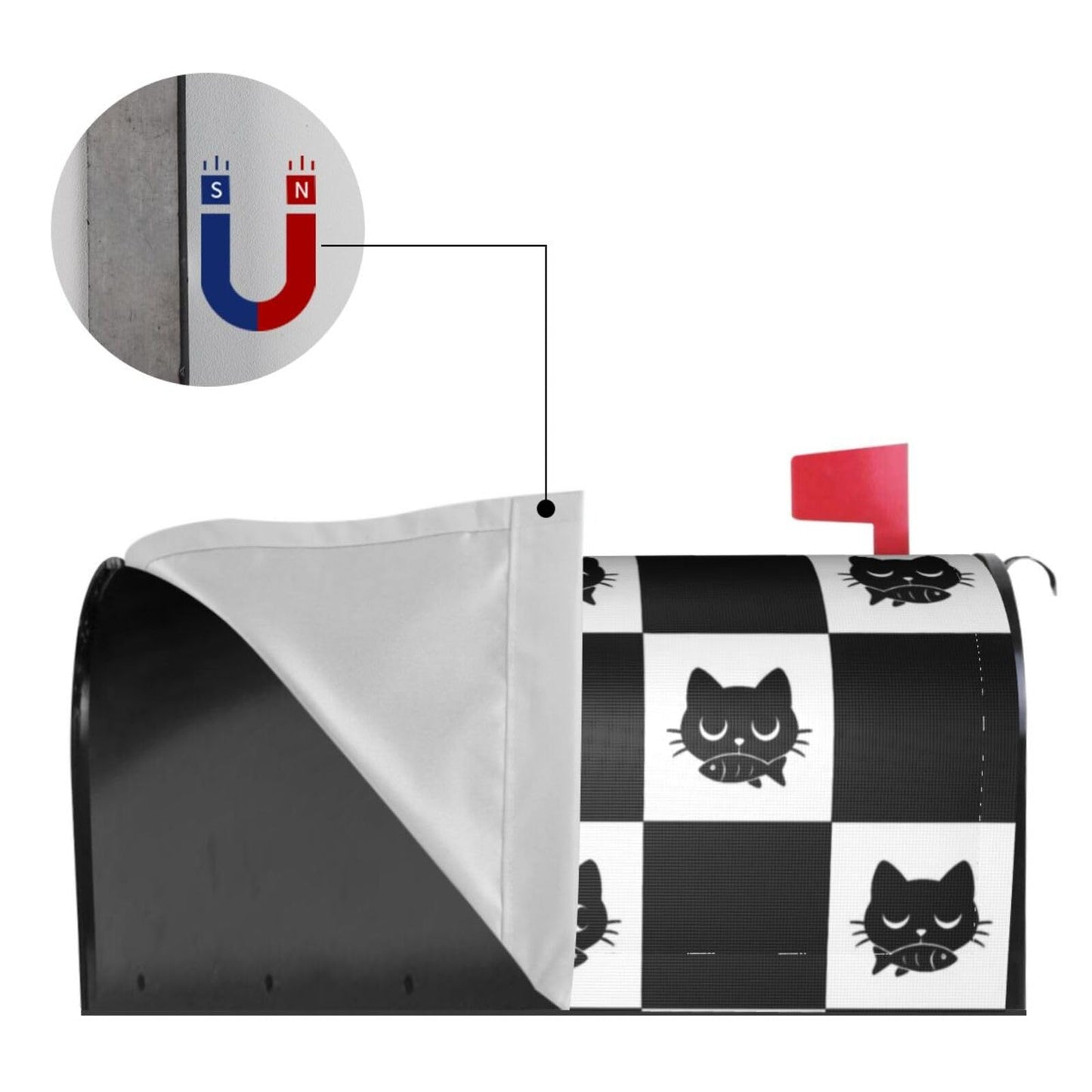 Black and White Checkered Cat with Fish Mailbox Covers, Mail Wraps Yard Home Decor for Outdoor Garden Standard Size 21x18 in