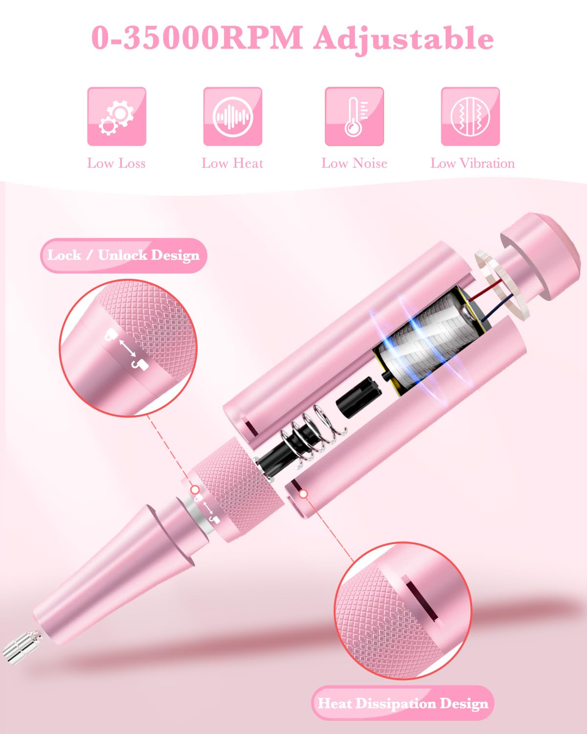 ENGERWALL Rechargeable Nail Drill 35,000 RPM, Portable Cordless Electric Nail File for Acrylic, Gel Nails, Polishing & Removal, with Nail Drill Bits Kit for Manicure & Pedicure, Pink-Blue