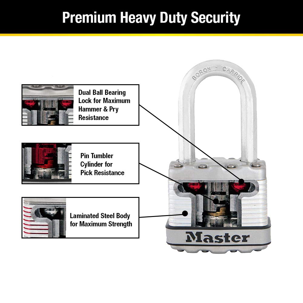 Master Lock Silver Magnum Outdoor Padlock with Key, Keyed Alike Gate Locks for Outdoor Fence or Shed with Long Shackle, 4 Pack, M1XQLFCCSEN