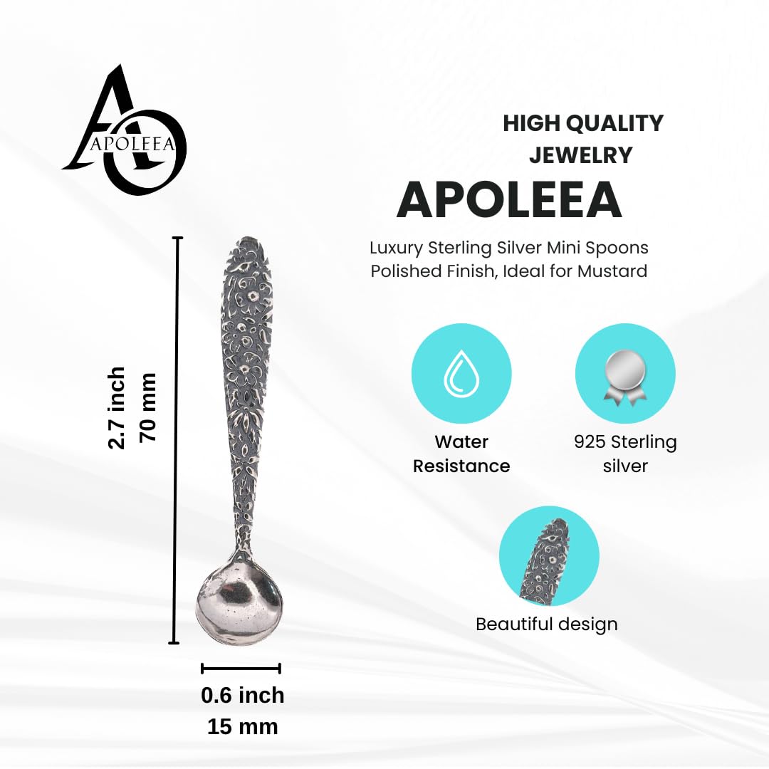 APOLEEA 925 Sterling Silver Small Salt Spoon - Premium Quality 2.7" Polished Round Bowl Mustard Spoon - Beautiful Flower Designed Handle - Gift for Culinary Enthusiasts