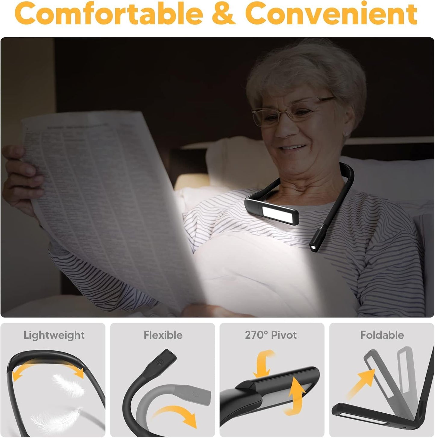 Neck Reading Light Book Lovers Gifts, Rechargeable 80Hrs Eye-friendly 3 Colors & Stepless Dimming Book Light for Reading, Christmas Stocking Stuffers for Men Women Camping Knitting Crochet Accessories