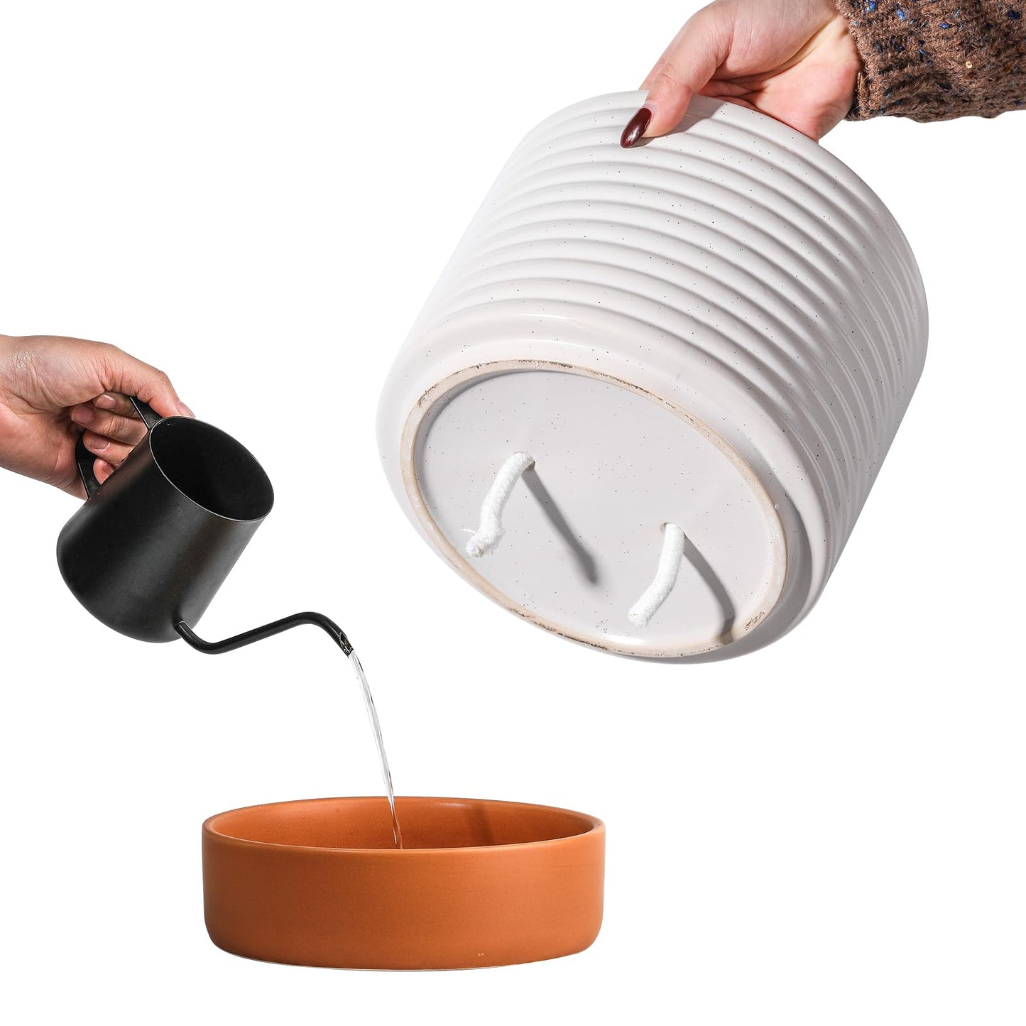 Chubacoo Self Watering Plant Pot : 8 Inch Ceramic Planter with Drainage Hole & Water Storage Plus - Flowerpot for Indoor & Outdoor Plants (Cream White & Red-Brown)