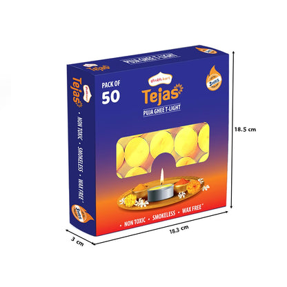 Shubhkart Tejas Premium Ghee T-Light Candle Set of 50 Wax-Free Smokeless Tealights for Prayer Rooms, Meditation, Home, Festive Events, Weddings & Gifting with Bright Long-Lasting 3-Hour Pure Flame