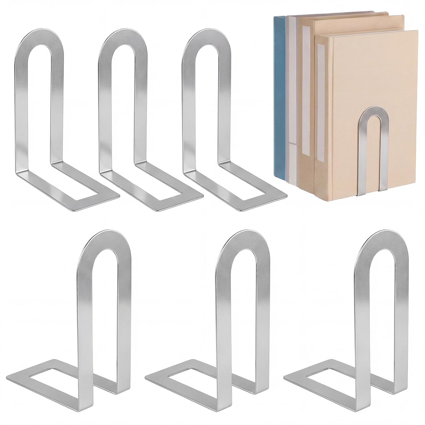 Chunful 6 Pcs Sliver Modern Metal Book Ends for Shelves Decorative Small Bookends Book Shelf Organizer Minimalist Design Stopper to Hold Books for Home Office(5.5 * 3.75 * 2.25inch)