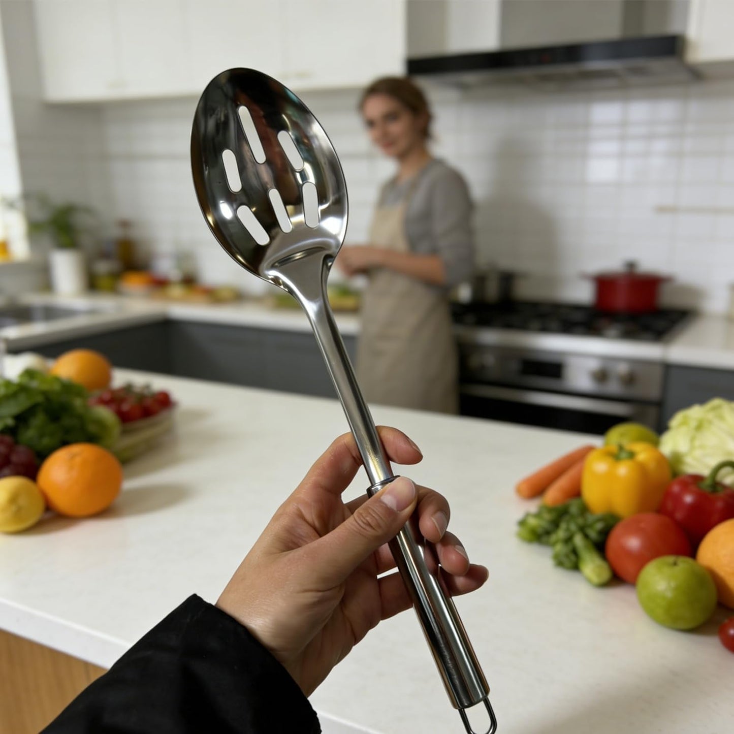 4 Pack Stainless Steel Cooking Spoon Set,Kitchen Large Cooking Spoons with Round Handle,Polished Metal Slotted Spoon &Serving Spoon, Heat Resistant Basting Spoons for Cooking,Mixing and Serving Food