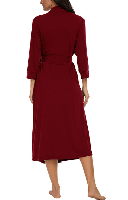 PrinStory Women Kimono Robes Long Knit Bathrobe Soft Womens Dressing Gowns V-Neck Sleepwear Casual Ladies Loungewear (Wine Red, L)