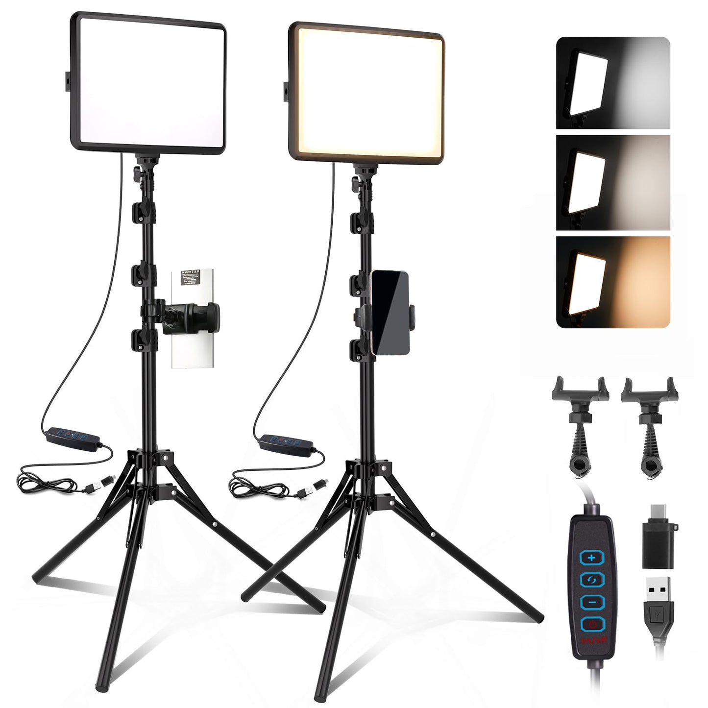NiceVeedi 2-Pack Photography Lighting Kit, 25 * 20CM Dimmable15W LED Studio Video Light, Stream Selfie Light for Recording/Game Streaming/Camera Portrait, With 160CM Tripod (15w-2 Pack)