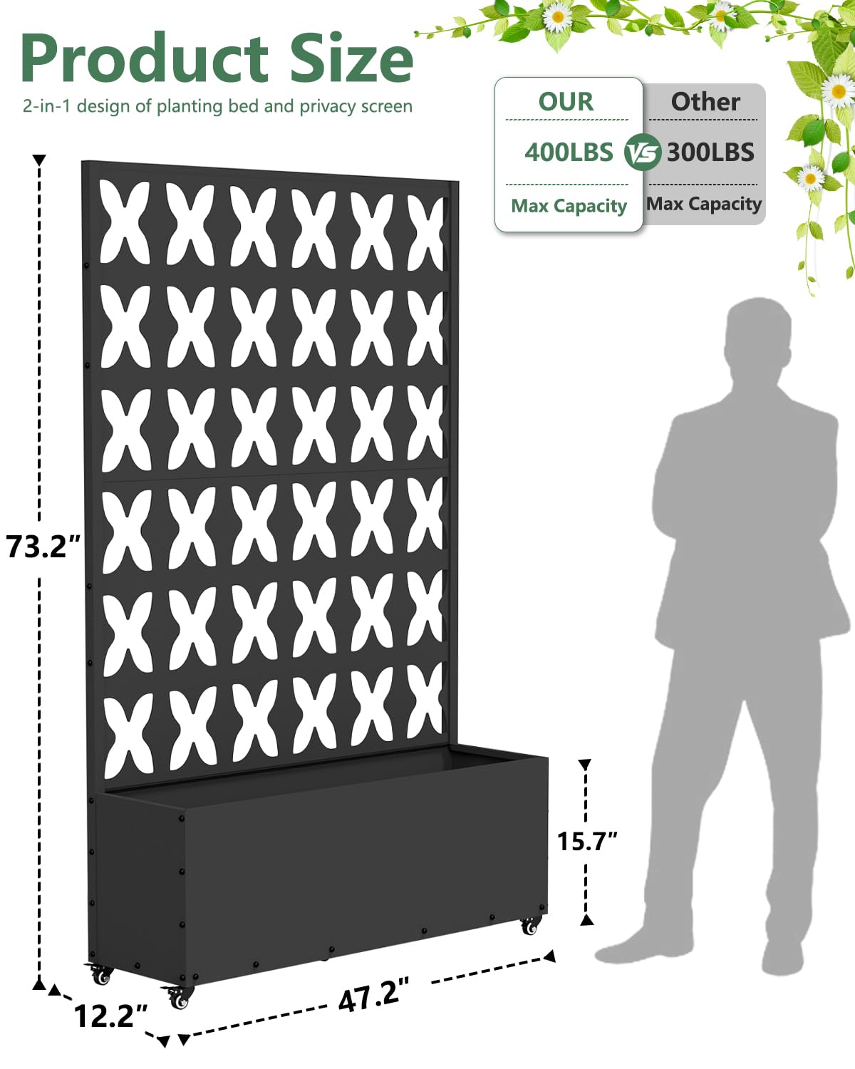FOLAWO Metal Planter Box with Trellis,70.9"x47.2"x15.7" Raised Garden Bed with Drainage Holes, Privacy Planters for Outdoor Garden Bed for Climbing Plants,Vegetables,and Vines, Black-X