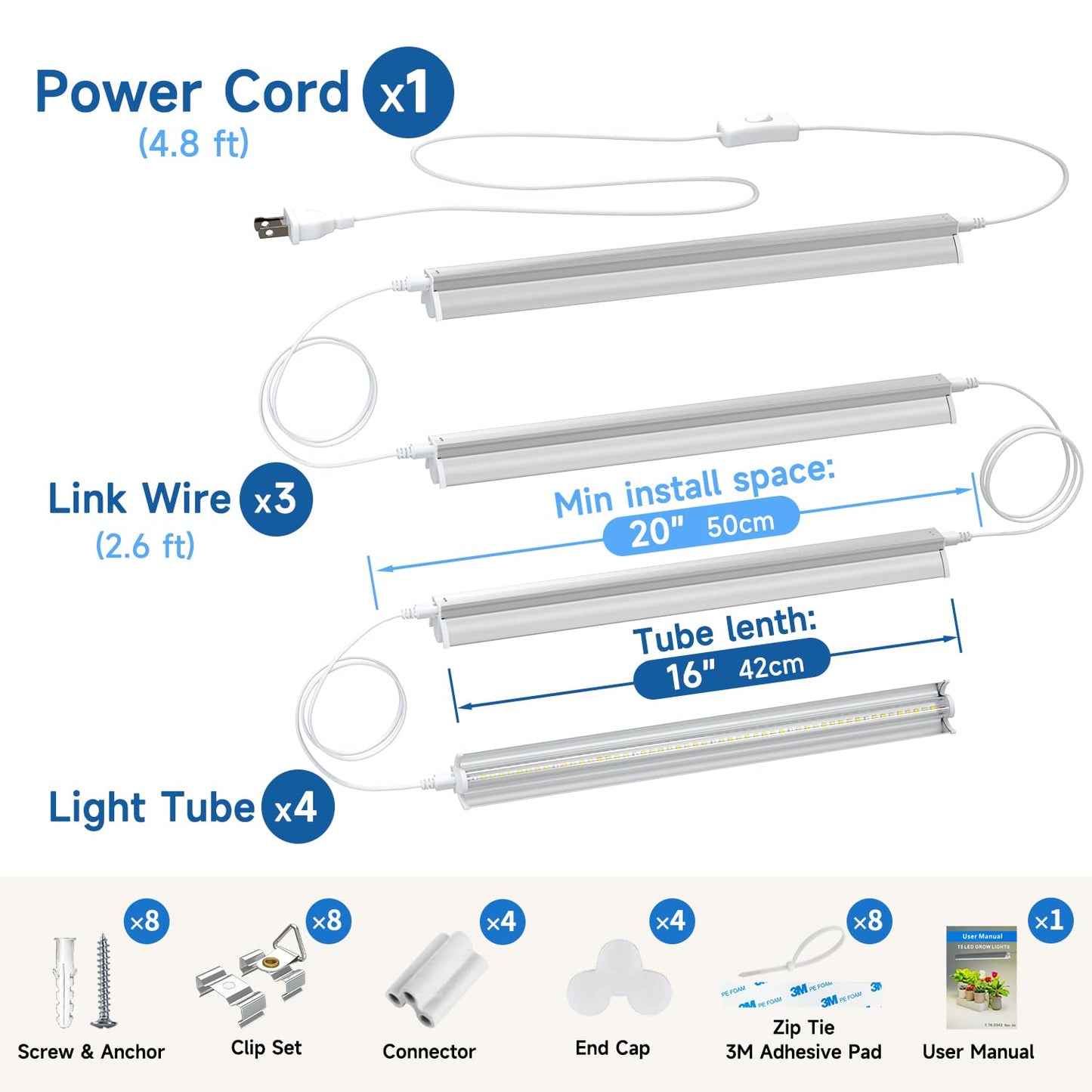 Plant Lights for Indoor Growing Seedlings - 16 in Long, 4-Count (10W x4) Full Spectrum T5 Grow Light Bars for Seed Starting, 4000K White LED Grow Lamp w/Reflectors for Shelf/Rack