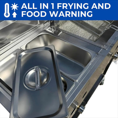 Deep Fryer Cart | 2 Fry Baskets | 3 Gallon Single Tank | 2 Pan Steam Table | Portable 4 Wheel | Stainless Steel | Outdoor Propane Frying Cart for Chicken, Fish, & More | Commercial & Home