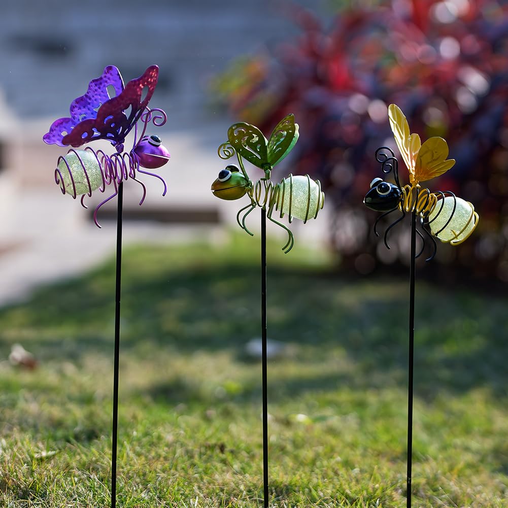 SATHGA Garden Decor for Outside,3 Pcs Luminous Insect Garden Decorative Stakes,Glow in The Dark Bee Lights Metal Yard Art,Waterproof Outdoor Spring Lawn Patio Pathway Decoration for Mom,Women,Grandma