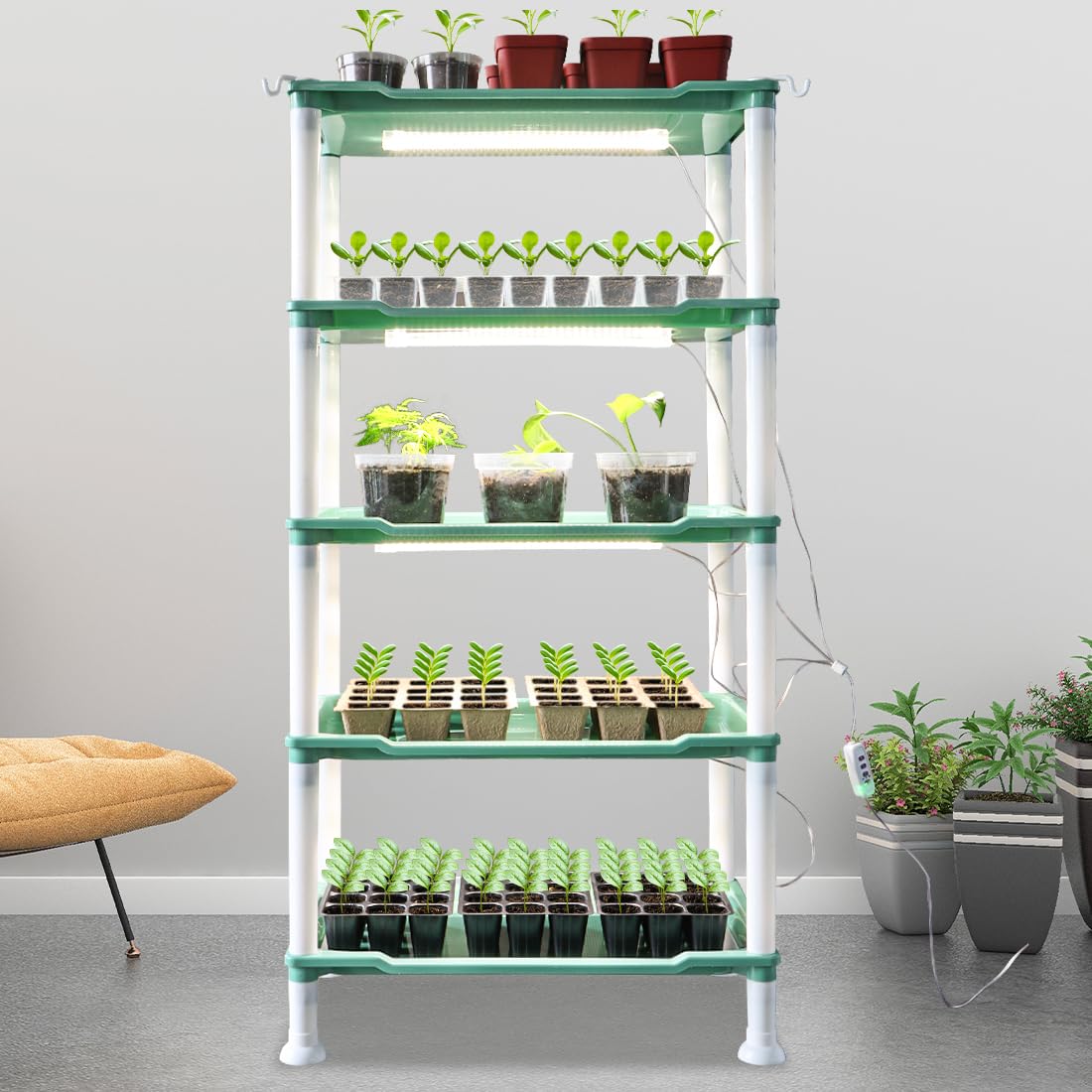 RooTrimmer 5-Tier Seed Starter Tray, Plant Stand with Grow Lights Full Spectrum Sunlike Plant Light for Indoor/Greenhouse Small Plant Pots, Cell Trays, Succulents, Seedlings Gardening