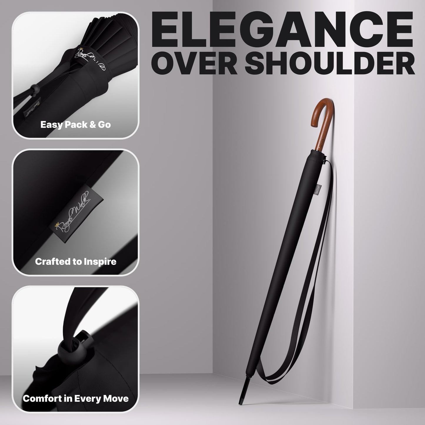 Royal Walk Windproof Umbrella Black Large 54 Inch Automatic Open for 2 Persons Stormproof for Men Women Classic Wooden Handle Lightweight Waterproof Durable Strong 16 Ribs Travel Golf Unisex 120cm