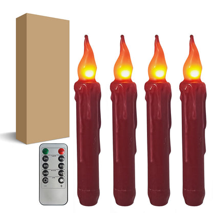 Burgundy Flameless Short Taper Candles, Real Wax Hand Dipped Dark Red LED Battery Operated with Remote, Flickering Flame Lights for Festival Home Décor, 6.7 Inch Primitive Flameless Candles, 4PCS