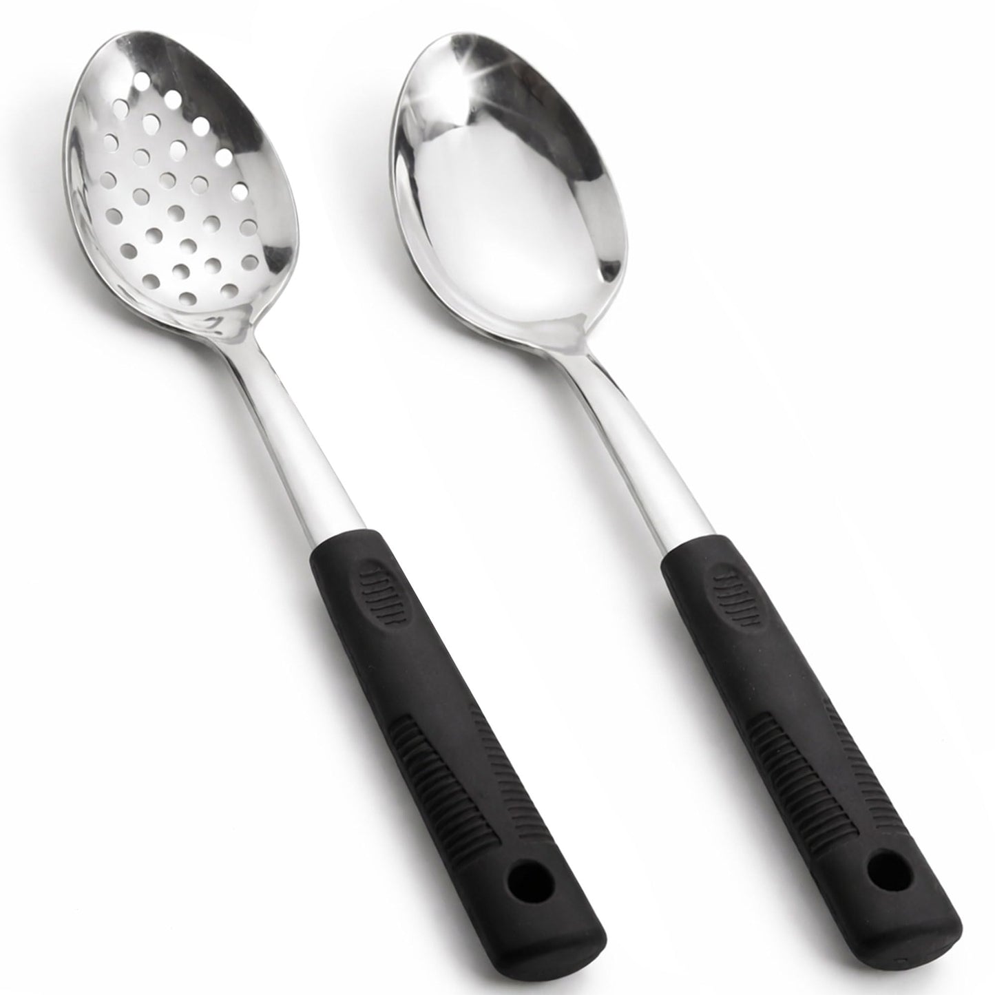 Metal Serving Spoons Set, Large Serving Spoons with Silicone Handles, Stainless Steel Serving Spoon, Slotted Spoon & Soup Ladle Set for Buffet and Home Kitchen (Black)