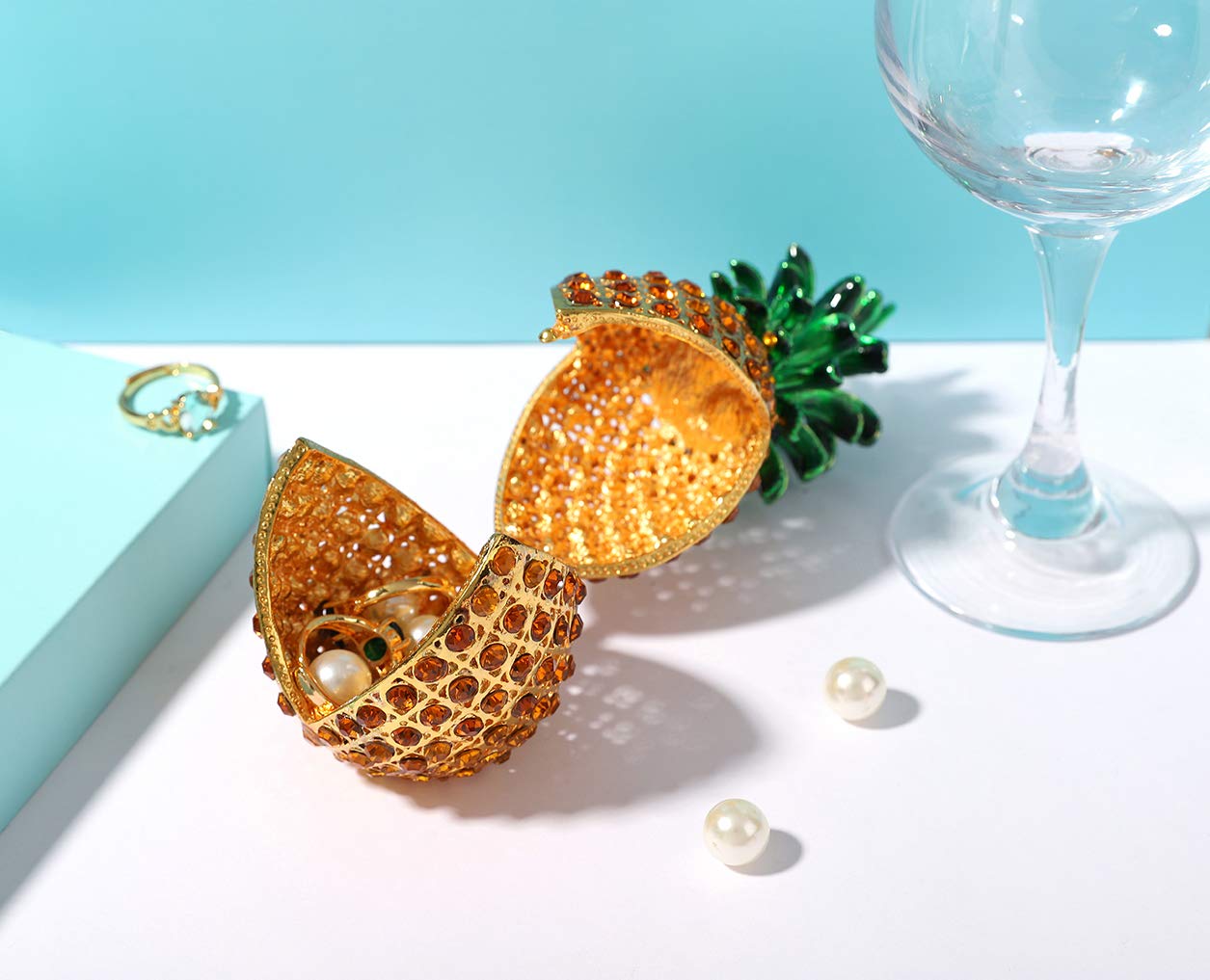 Furuida Pineapple Jewelry Trinket Boxes Hinged Hand-painted with Crystal Fruit Collectible Ornaments Gift Room Decor for Women Girls